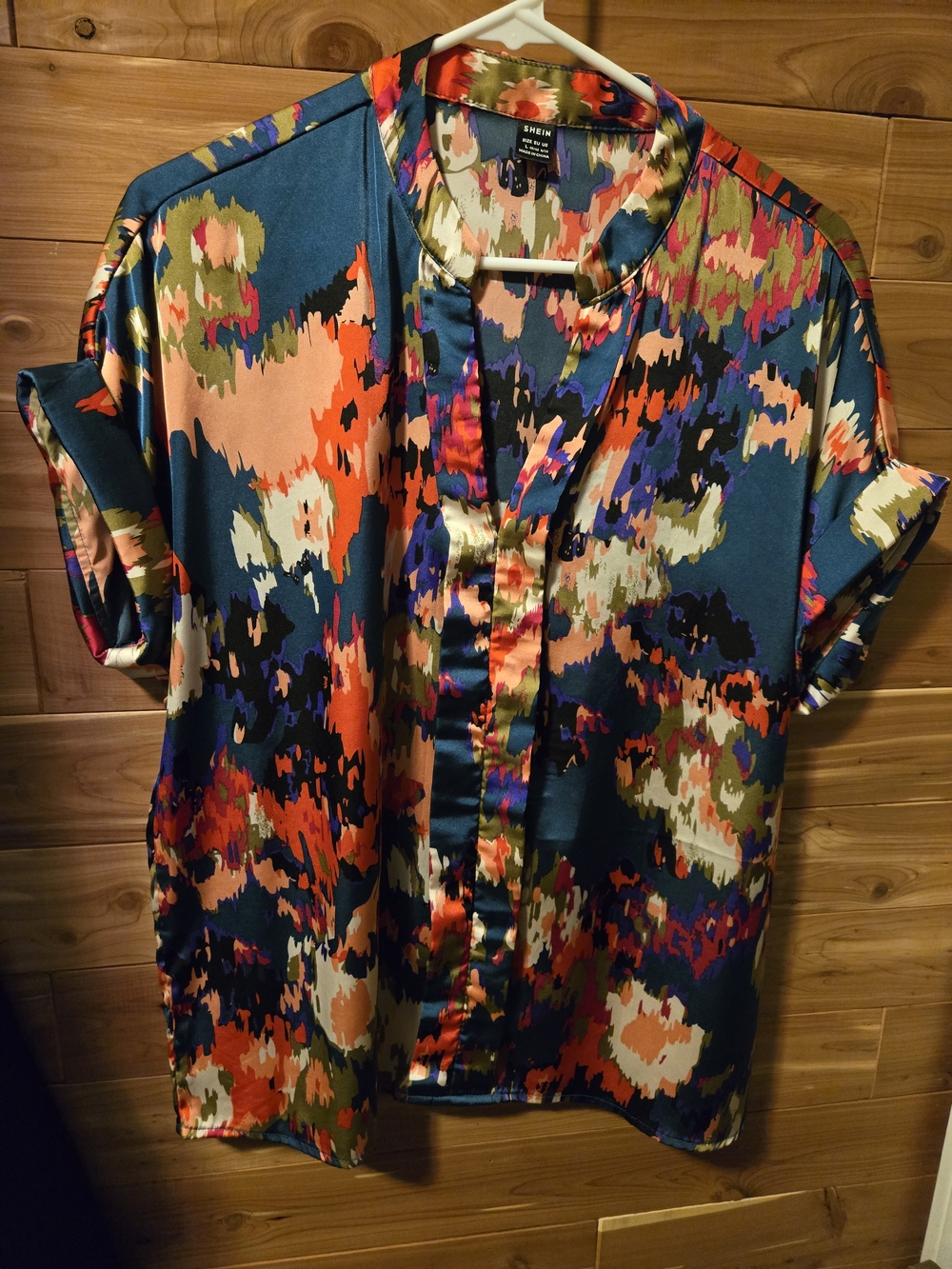 SHEIN Multicolor Abstract Satin Shirt - Teal, Orange & Purple